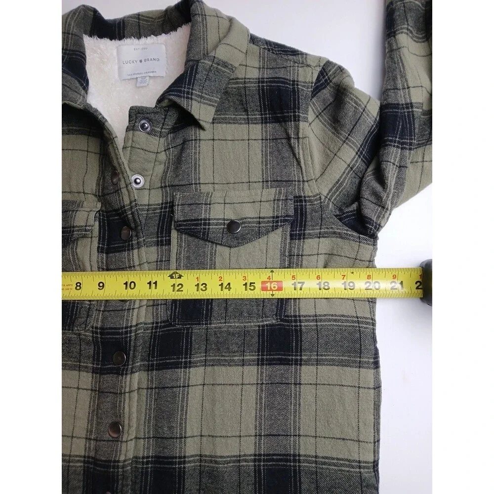 Lucky Brand Plaid Flannel Sherpa Jacket Shacket Womens Small Lined Green Camp - Picture 10 of 12